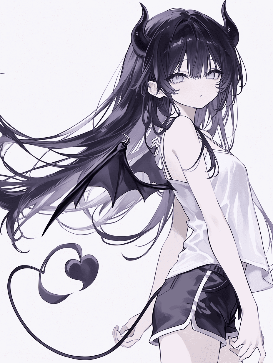 动漫风格，长着弯曲角与蝙蝠翅膀的恶魔少女，拥有飘逸的紫灰色长发，紫色眼眸，身着白色吊带与黑色短裤，心形尾巴，动态三分之二视角姿势，构图平衡，优雅轮廓，干净的负空间，引人注目的流动感，专业插画构图