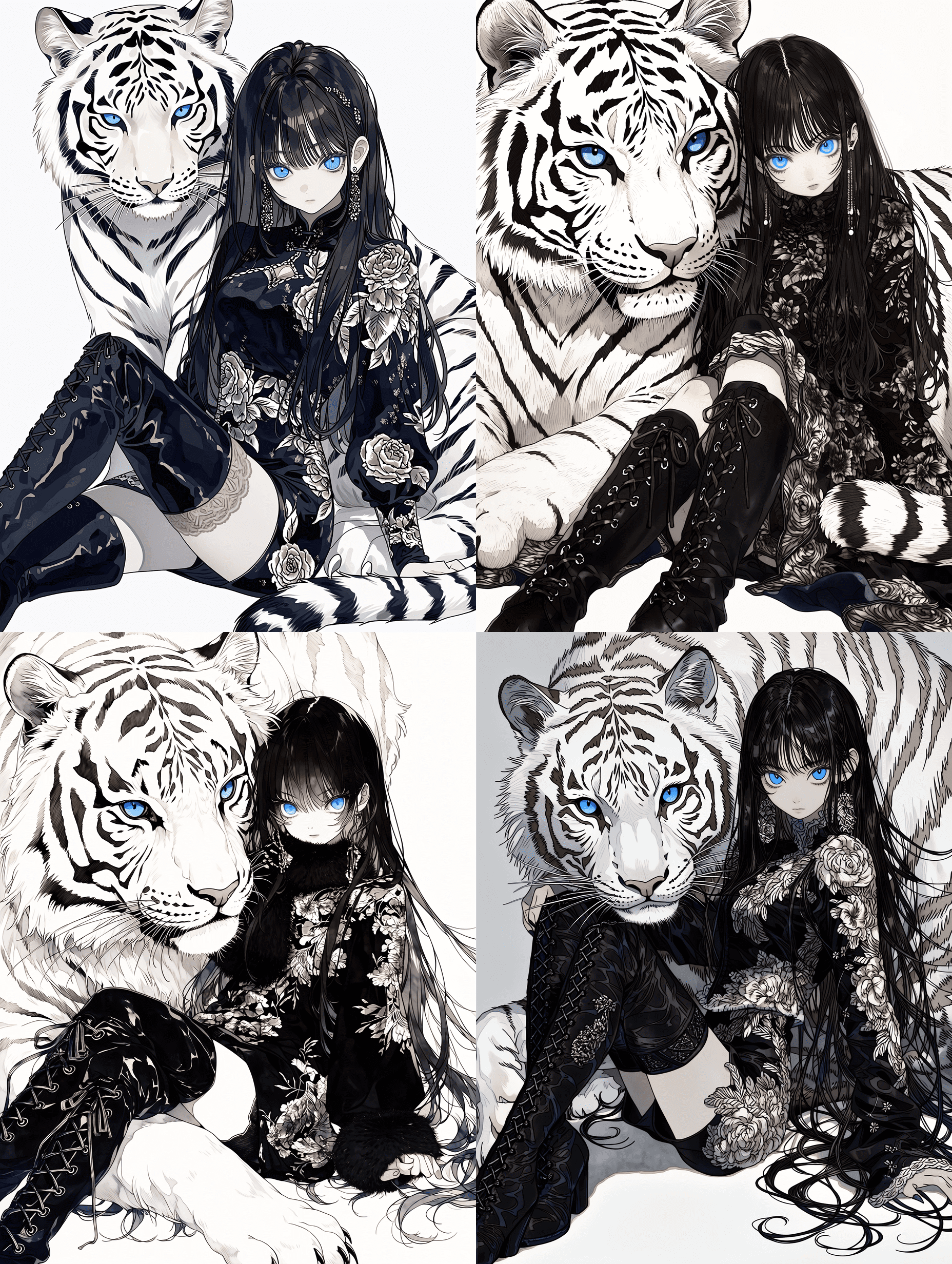 动漫风格插画，一位年轻女子留着黑色长发和蓝色眼睛，身穿黑色花卉图案服装和过膝长靴，身后坐着一只长着蓝色眼睛的巨大白虎，超细致的织物刺绣，错综复杂的发丝，锋利的虎毛纹理，精细的线条艺术，清晰的细节，8K