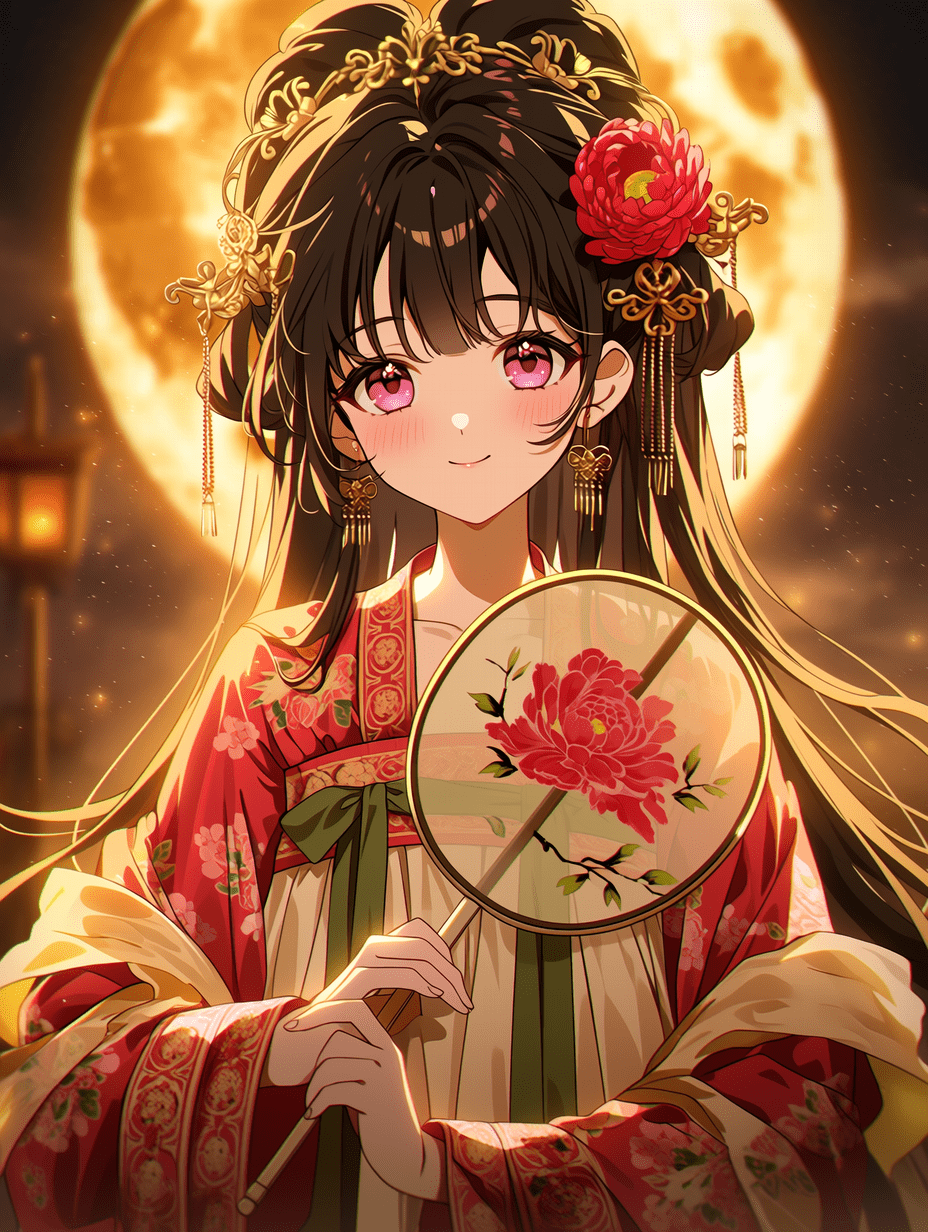动漫风格，身着传统中式汉服的年轻女子，乌黑长发配以精致金簪与红色牡丹花，手持梅花团扇，粉色眼眸，温柔微笑，戏剧性的月光照射，柔和轮廓光，温暖金色辉光，体积光效果，梦幻氛围，增强色彩
