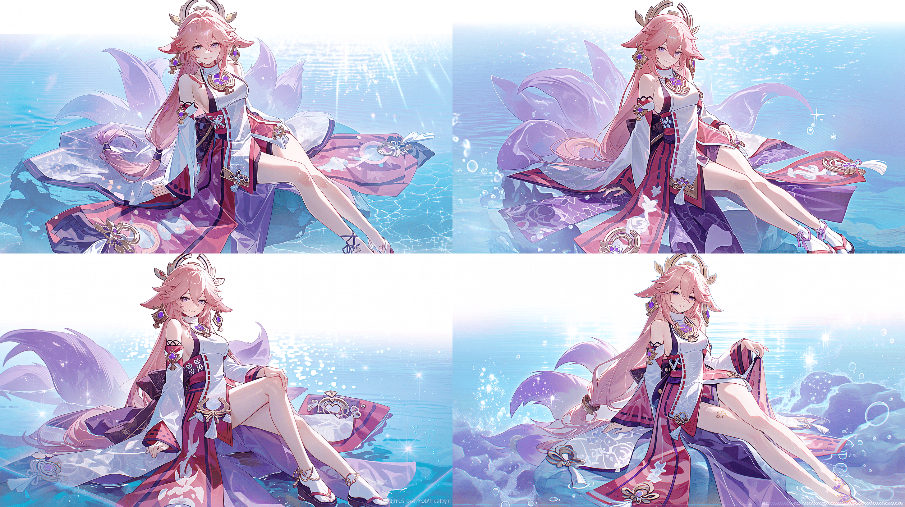 原神中八重神子的精美动漫插画，她优雅地坐在清澈的浅蓝色珊瑚礁上，身着标志性的粉紫渐变巫女服，衣摆随海风轻扬，紫色渐变双尾与狐耳凸显其妖狐身份，紫眸慵懒魅惑地微笑。柔和明亮的夏日自然光从侧后方照射，勾勒