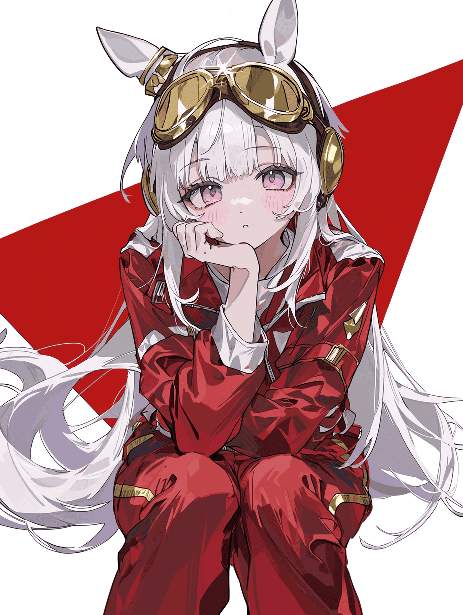动漫风格，白发马娘，身穿红色镶金赛车服，佩戴大型护目镜，长长的白色鬃毛与马耳，紫色眼睛，坐姿，手托下巴，面带羞涩表情，背景为白色搭配红色对角三角形，服装褶皱精致，发丝细节丰富，高度精细渲染，8K画质