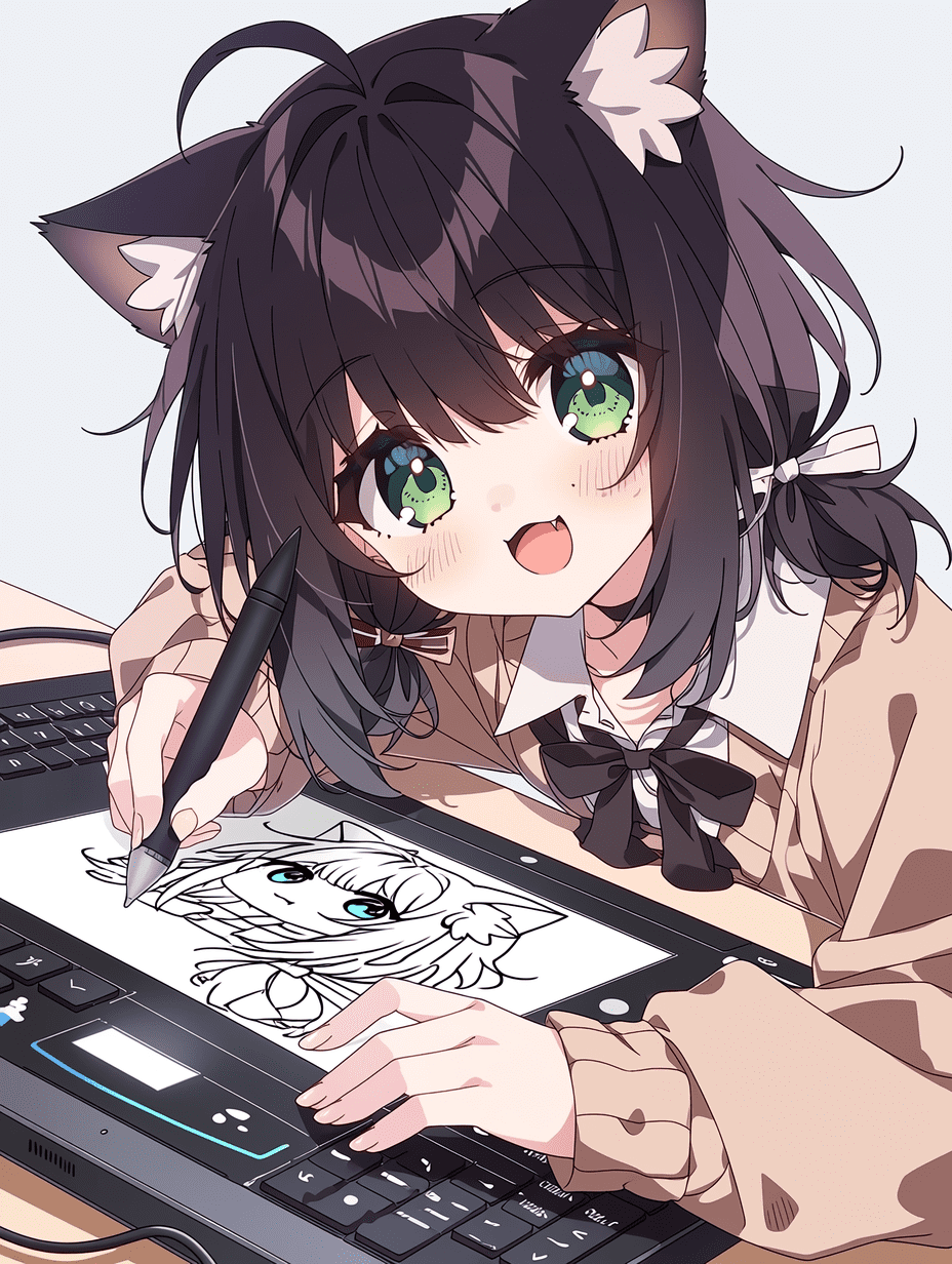 动漫风格，长着翠绿色大眼睛的猫耳少女，正与一位数字画家 playful 互动，绘图板和键盘上细节丰富，画面锐利清晰，8K超高清分辨率，极致精细。