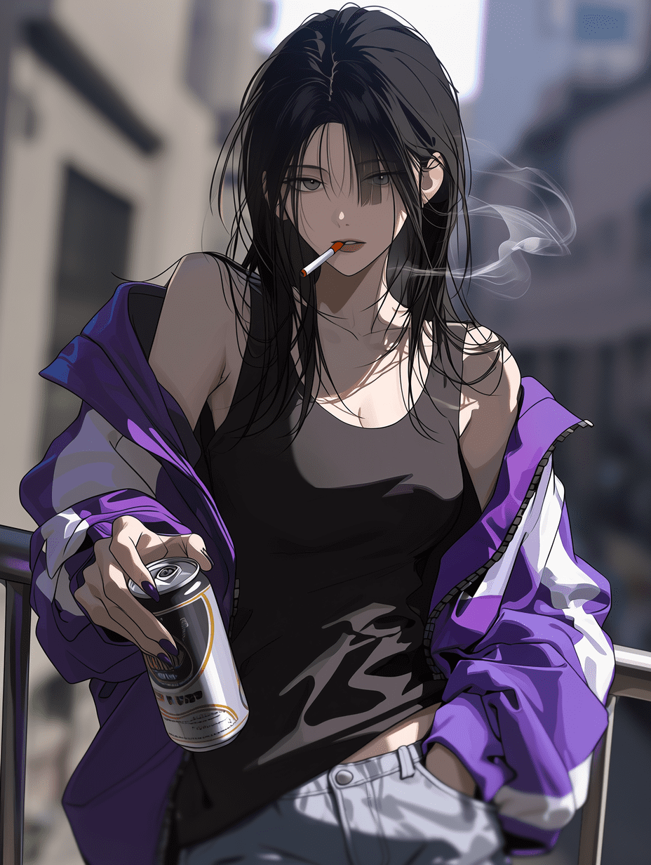 动漫风格，黑长发年轻女性，身穿黑色背心和紫白相间的学院风夹克，手持香烟与啤酒罐，三分法构图，浅景深，模糊的城市背景，平视角度，动态姿势，电影感画面