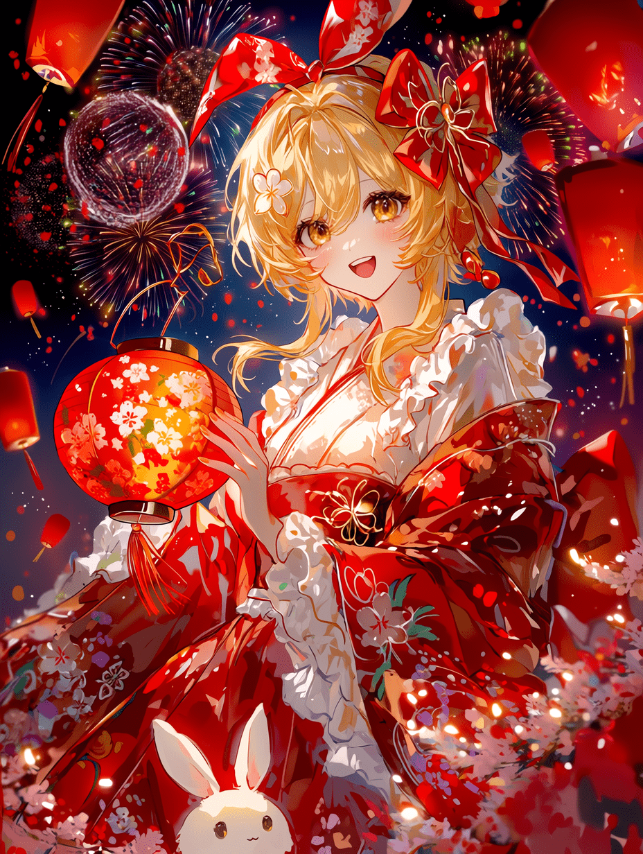 荧，原神角色，农历新年节日主题，身穿华丽的红白相间樱花图案浴衣，配有大型红色蝴蝶结与金色装饰，白色荷叶边领口，手持一盏带有花卉图案的发光红色纸灯笼，金色短发佩戴茵蒂瓦特花饰，金色眼眸，面带喜悦微笑，背