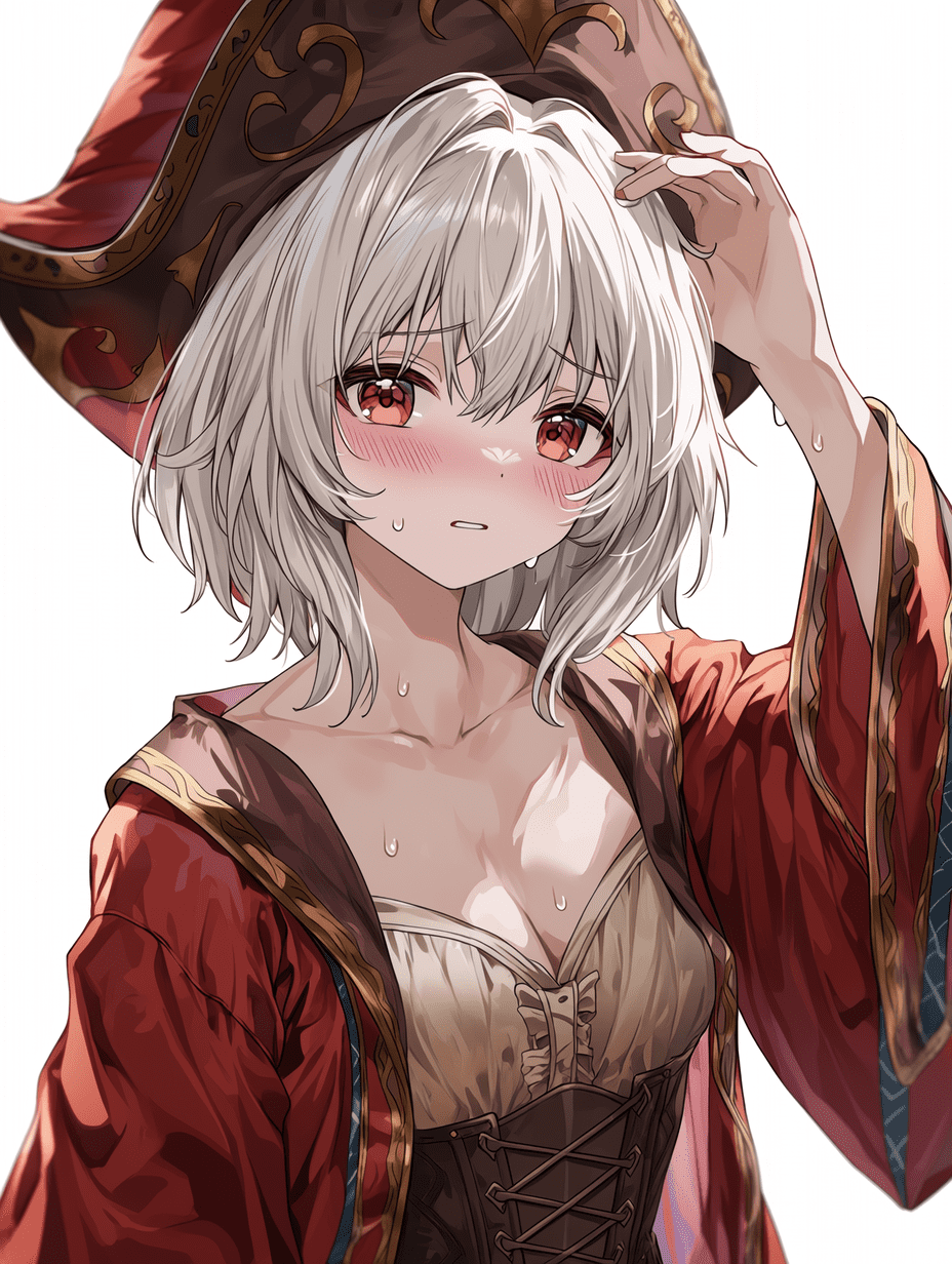 动漫风格，银发红眼少女，身穿红色长袍与束腰胸衣，脸颊泛红，皮肤微汗，手正在调整帽子，白色背景，柔光照明，杰作，最佳质量，高度细节
