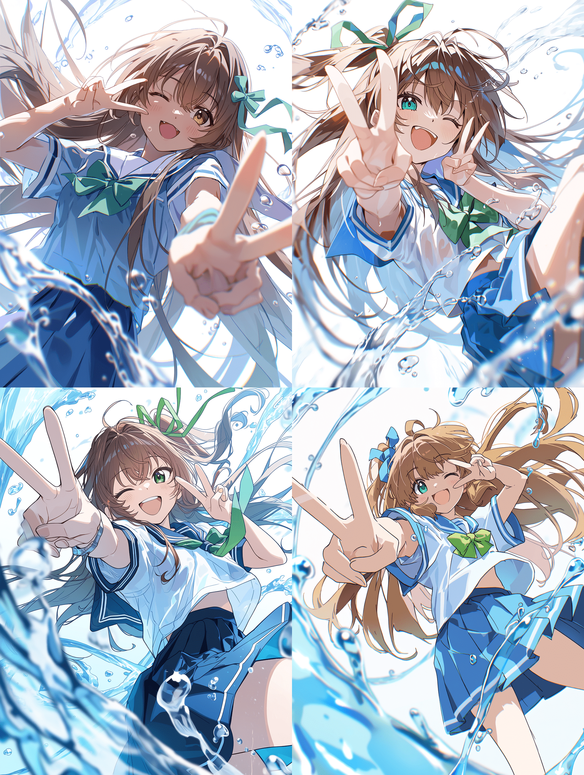 动画风格，身穿蓝白水手服、系着绿色蝴蝶结的长发棕发少女，面带愉快的眨眼表情，双手比出双重和平手势，动态低角度拍摄，流畅的构图，水带处带有动态模糊效果，电影级构图，充满活力的姿态
