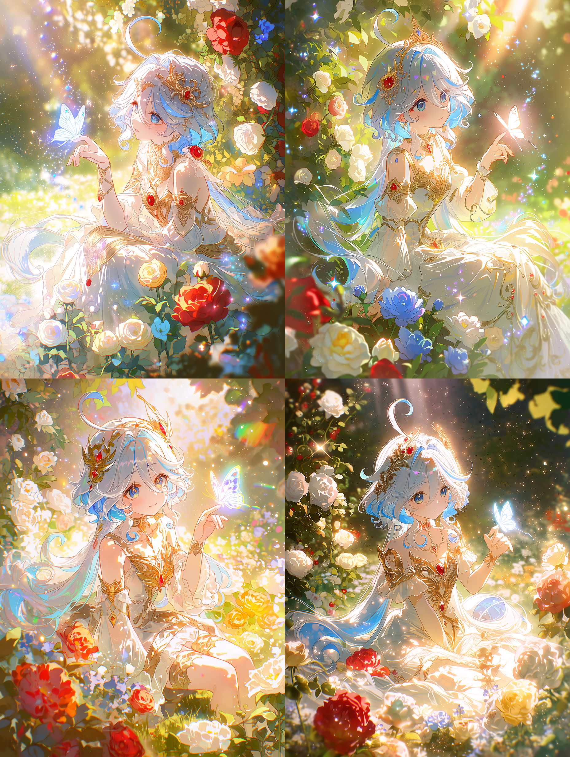 空灵的芙宁娜置身于魔法花园中，梦幻柔和的光线洒落，周围漂浮着发光微粒与闪烁光点。她银白蓝相间的卷发轻柔飘动，佩戴精致繁复的金色华丽发饰。身着带有金线刺绣与红色点缀的纯白优雅长裙，姿态端庄地坐在盛开的花