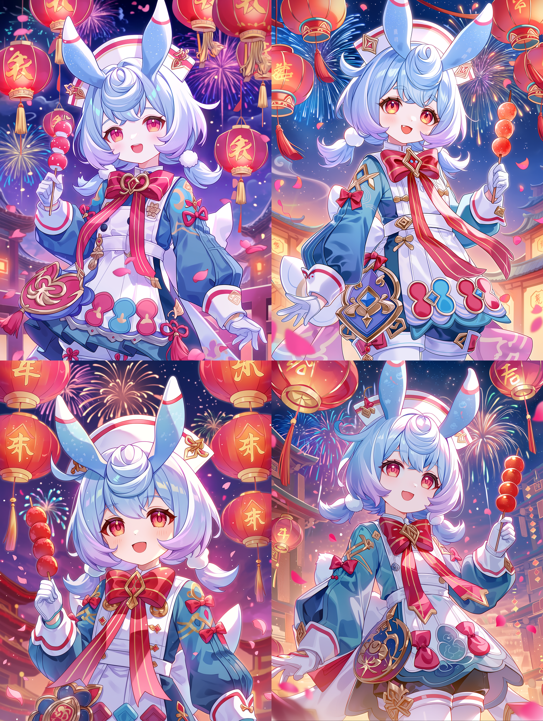 Sigewinne，原神，春节主题，身着蓝白相间改良护士服，饰有金色刺绣与红色丝带，兔耳造型护士帽，浅蓝与薰衣草色渐变短发，佩戴白色手套，手持一串糖葫芦，背景为悬挂的红色灯笼与汉字装饰，夜空中烟花绽放