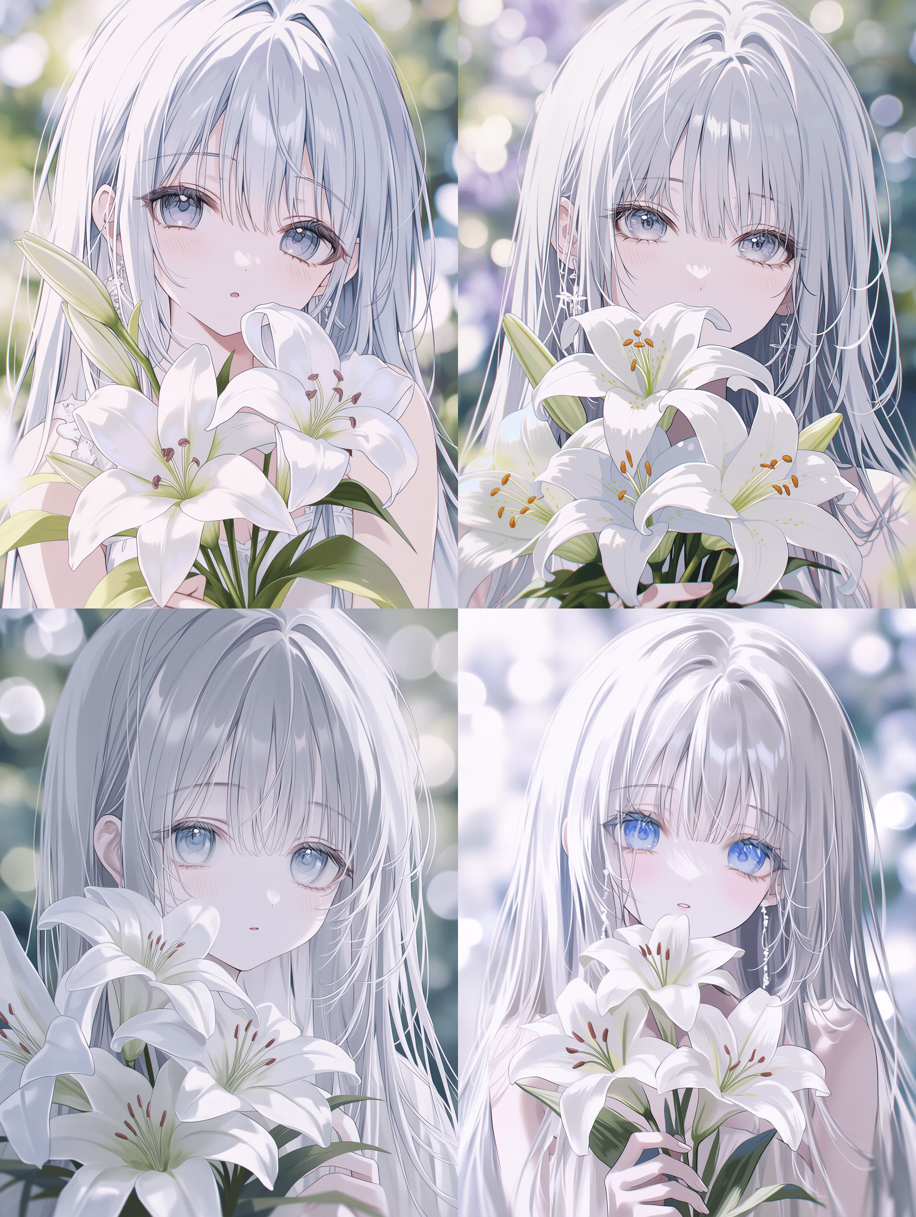 动漫风格，美丽的长银发少女手持白百合，特写肖像，三分构图法，浅景深，背景虚化，柔焦效果，优雅的取景与艺术性构图。