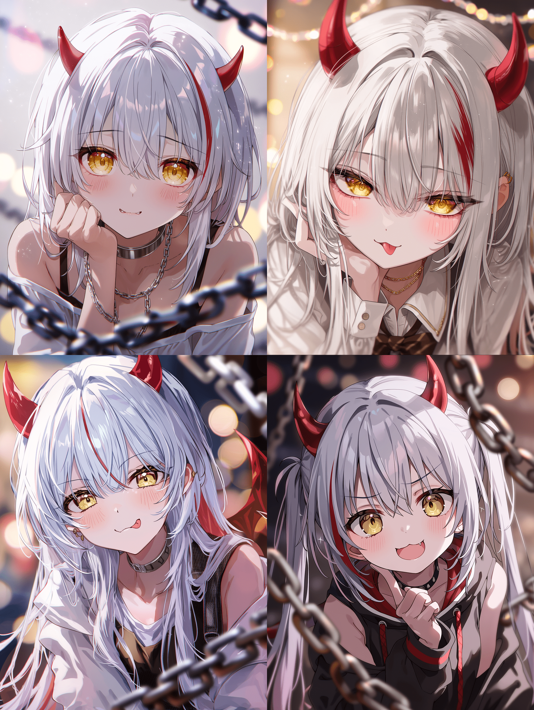 动漫插画，银发恶魔女孩，长着红色犄角和红色眼条纹，金色眼睛，戏谑的表情，三分法构图，浅景深，背景虚化的锁链，电影级构图，平视中景镜头