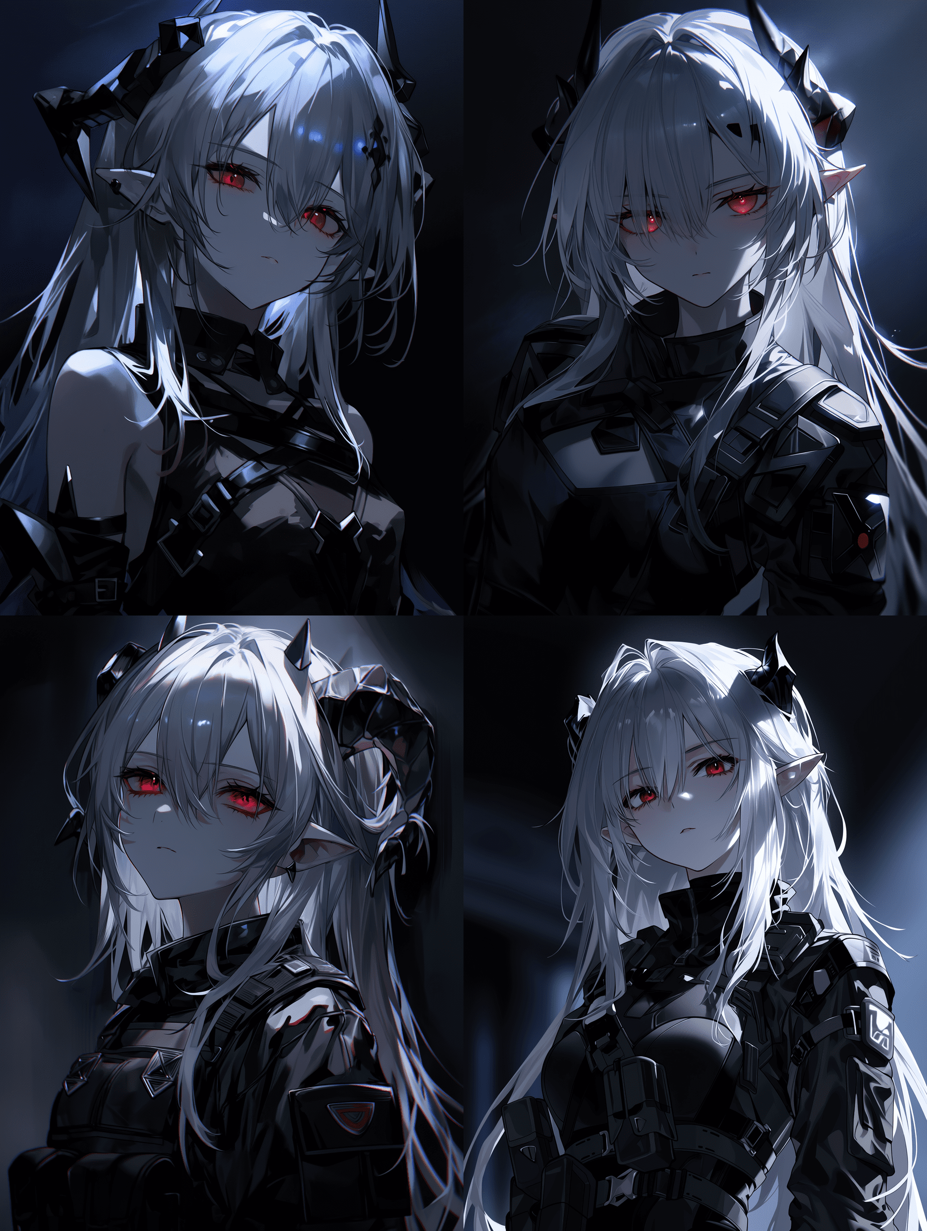 二次元风格，银发精灵少女，长着黑角，红眼睛，身穿带有几何装甲点缀的黑色战术服装，戏剧性的轮廓光，体积阴影，情绪化氛围，增强对比度，电影布光