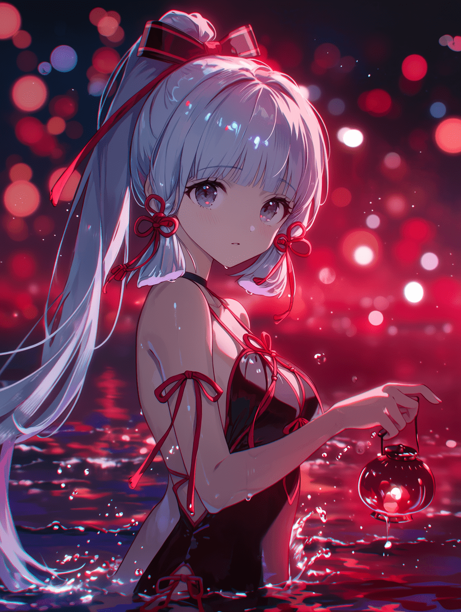 神里绫华的精细动漫插画，海滩夜晚主题，穿着带有复杂红色系带的优雅泳装，银色头发在红色环境光下闪耀，手持一盏小巧的红色灯笼，水面有散景光斑、涟漪和飞溅的水花，高对比度，鲜艳的红色与深靛蓝色调，专业数字艺
