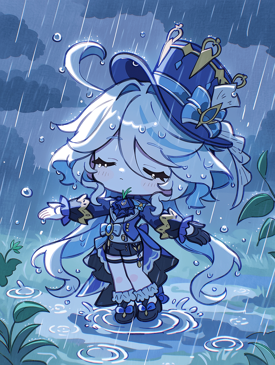 空灵可爱的Q版芙宁娜置身于魔法雨景之中，梦幻柔光笼罩，雨滴粒子与水面闪烁微光。她拥有飘逸的浅蓝色长发，发丝间缀满水珠，双眼轻闭，神情宁静而忧伤。头戴饰有花朵与丝带的深蓝色高礼帽，身着镶金纽扣与袖口的优