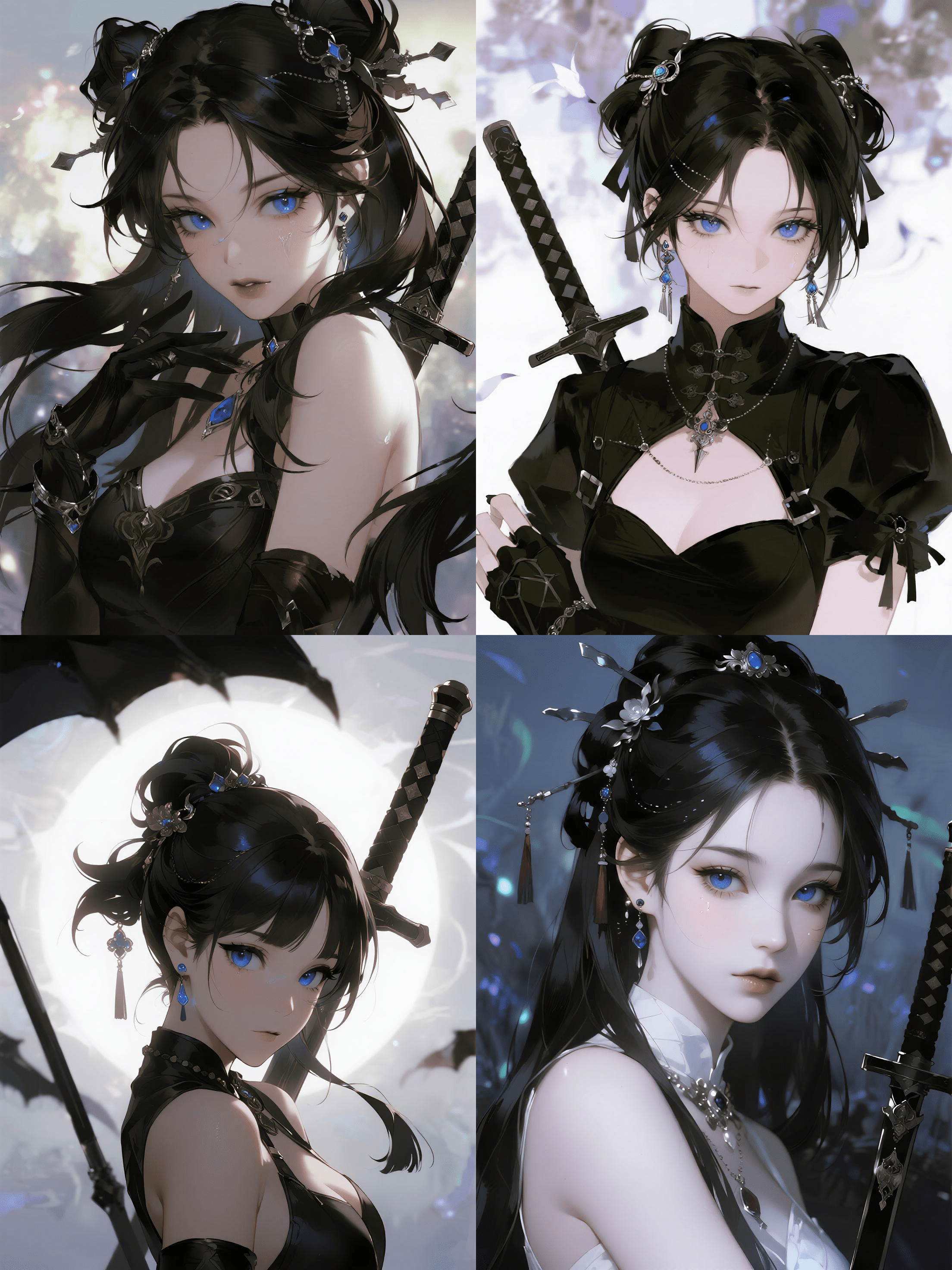 哥特式深色调配色，美式漫画风格，女性战士，赛璐璐着色，游戏角色，虚拟偶像肖像，精致复杂的发饰，水润的蓝色眼睛，布格罗风格的瓷白肌肤，空灵氛围，朦胧发光背景，细腻笔触，虚幻引擎5渲染