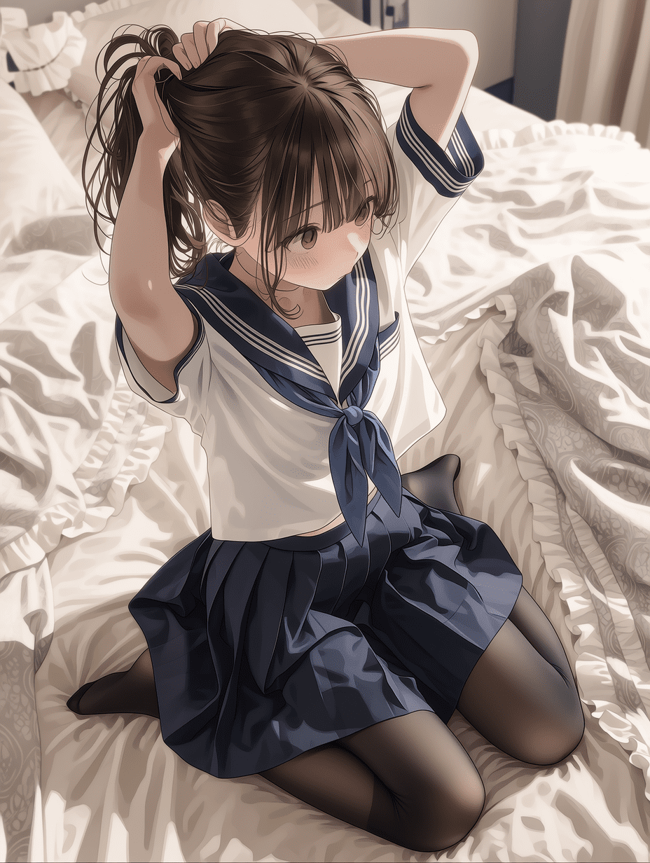 动漫风格，一位身穿水手服的年轻女性，佩戴蓝色领结，棕色长发扎成马尾，双手在脑后整理头发，跪坐在床上，穿着黑色丝袜，发丝细节极致细腻，布料褶皱精致，皮肤纹理细腻，焦点清晰，背景为细节丰富的卧室，8K分辨