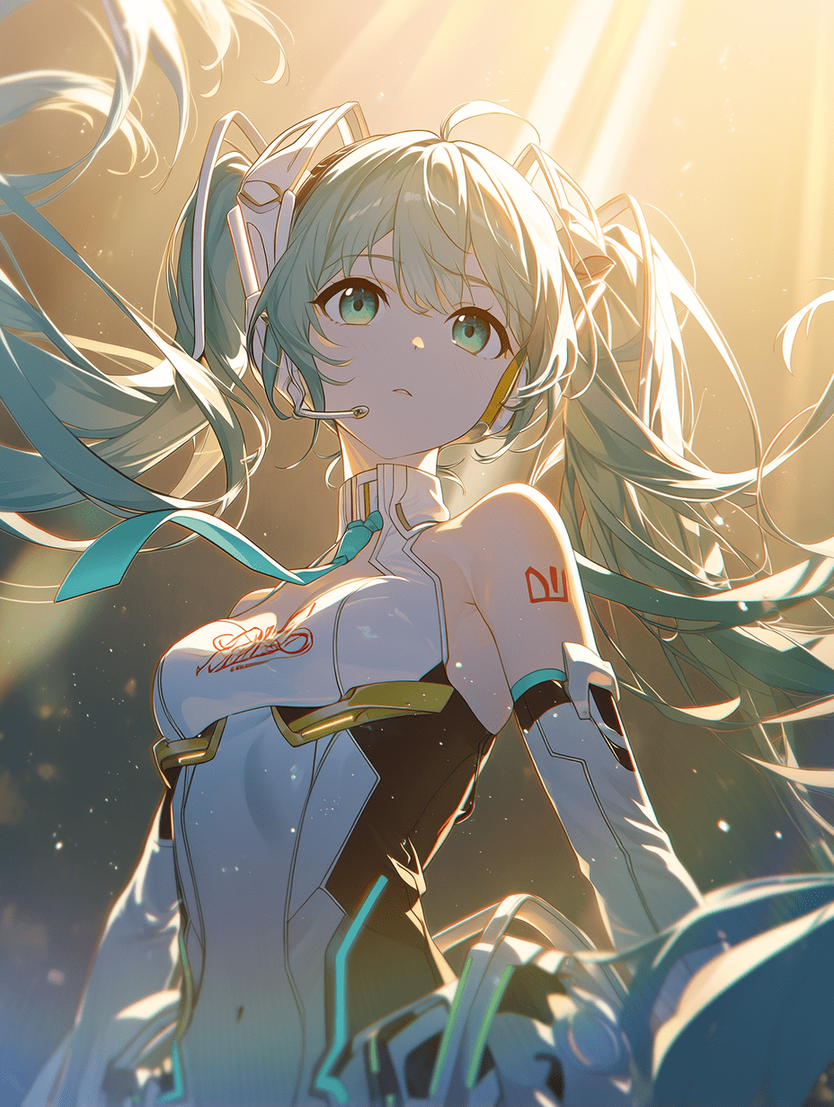 动漫风格，初音未来，飘逸的蓝绿色双马尾，未来感赛车服，戏剧性的轮廓光，柔和的金光，体积光柱，增强的温暖氛围，电影般的意境