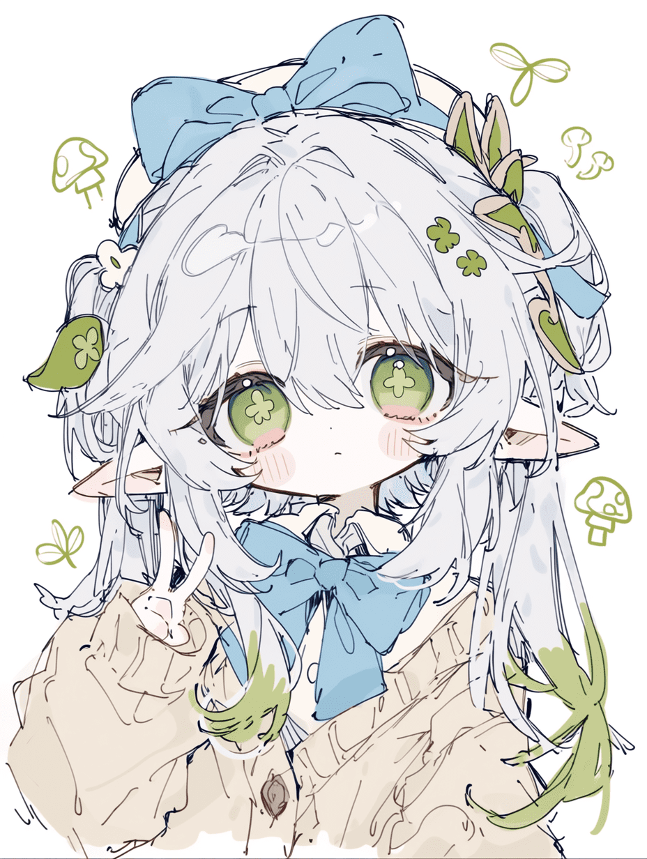 极简线条艺术风格的Q版纳西妲，干净素描风格，简洁黑色轮廓配以极少上色；银白色渐变绿色双马尾、大大的绿色三叶草瞳孔眼睛、精灵耳朵、浅蓝色蝴蝶结头饰、绿色叶片装饰；穿着米色针织背心与蓝色领结，做出和平V字