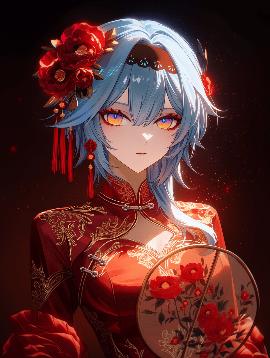 优菈，《原神》角色，身穿中国传统节日服饰，红色金线刺绣长裙，浅蓝色头发，琥珀与紫色渐变瞳孔，手持带有红色花卉图案的半透明圆形丝绸团扇，发间点缀大型红花头饰，佩戴红色流苏耳坠，戏剧性电影级打光，高对比度