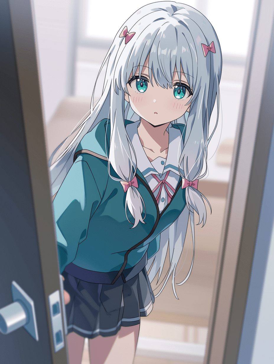 动漫风格，来自《Eromanga Sensei》的伊津美沙季，银发少女身着校服，以门框为动态视角，采用三分法构图，浅景深虚化背景，门框形成引导线，电影级构图，视觉平衡。