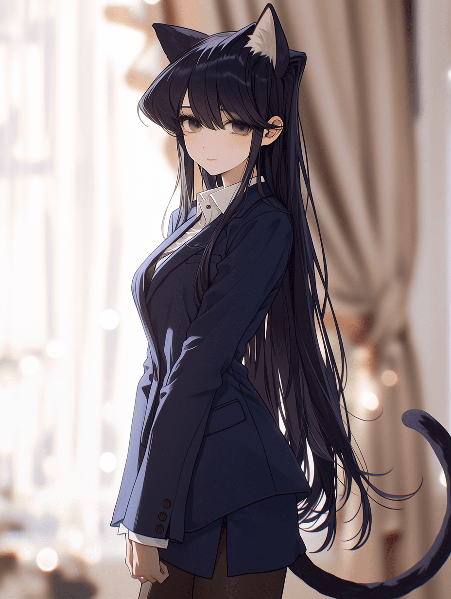动漫风格，Komi Shouko，猫娘，中景，三分法构图，浅景深，柔和的窗帘背景虚化，构图均衡，姿态优雅，专业动漫插画