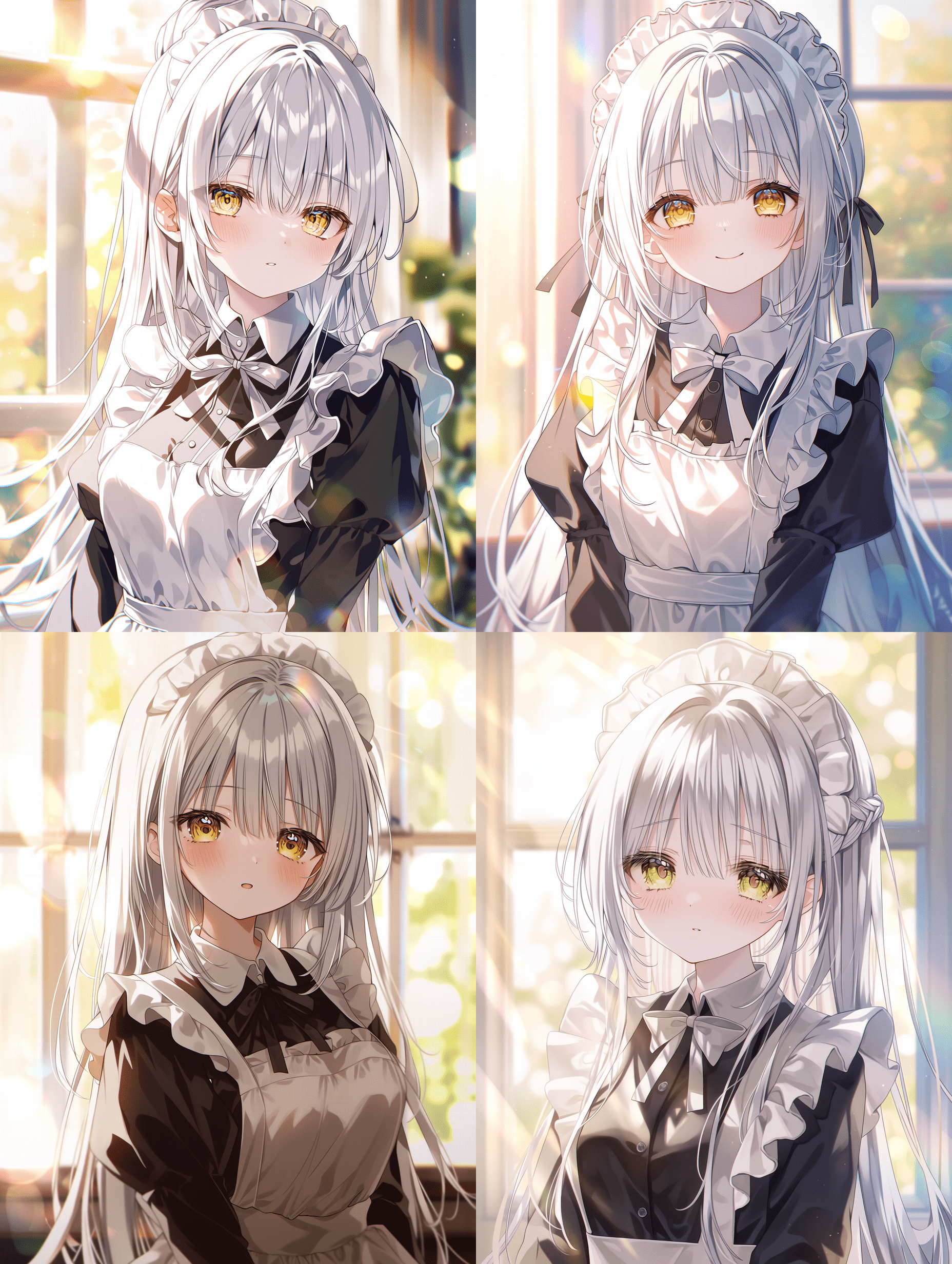 动漫风格插画，银发金瞳的女仆少女，自然窗光倾泻而下，体积光效果，柔和的焦外背景，电影般的氛围，色彩增强，温暖明亮的色调，宁静的 mood