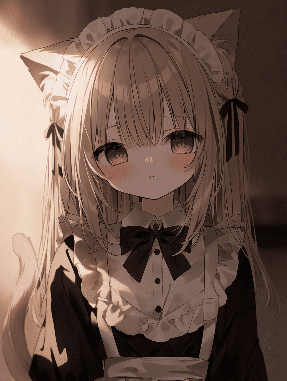 动漫风格的猫娘女仆插画，柔和的体积光照射在面部和头发上，带有微妙的脸颊红晕效果，温暖的色调与单色制服形成对比，营造出电影般的氛围，中景构图。