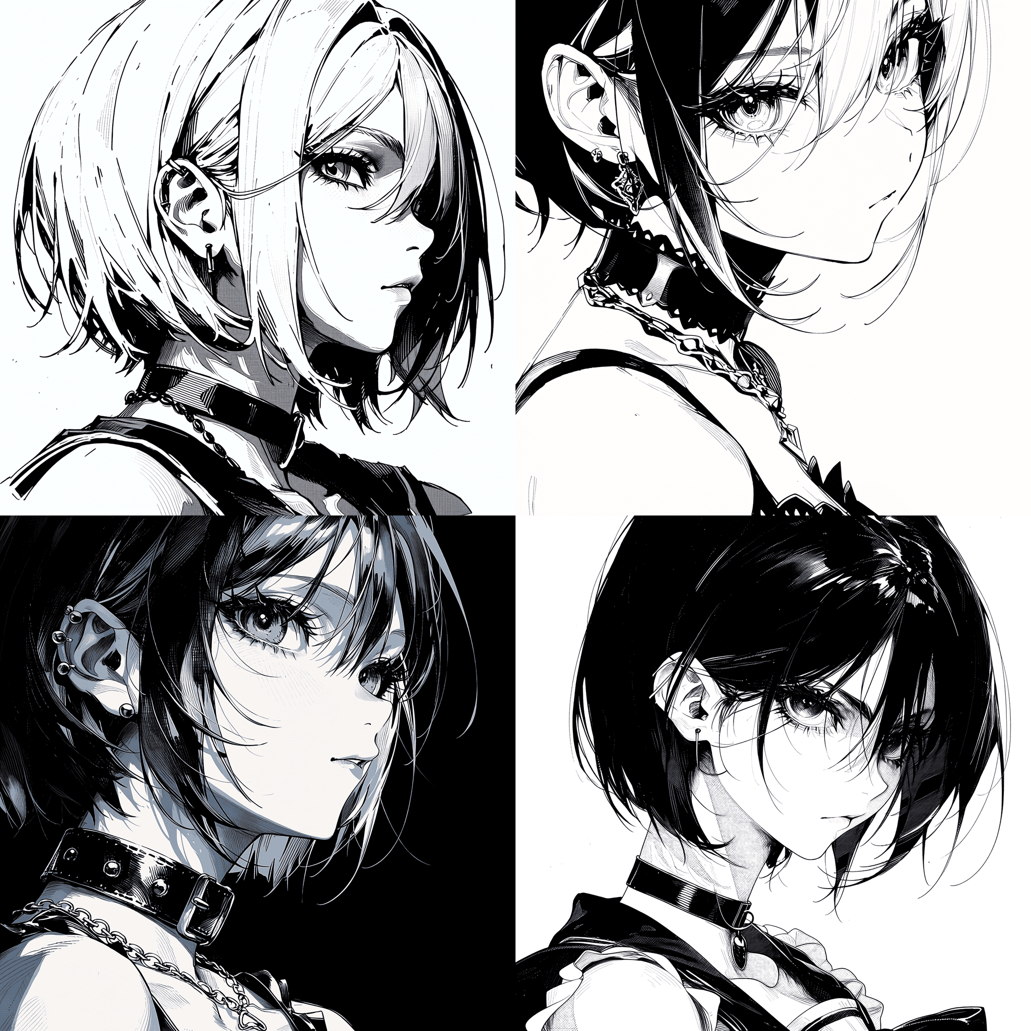 漫画风格，短发动漫少女，黑白插画，侧面肖像，佩戴项圈，精细线条，高对比度，戏剧性阴影，近距离人像，大师级绘画