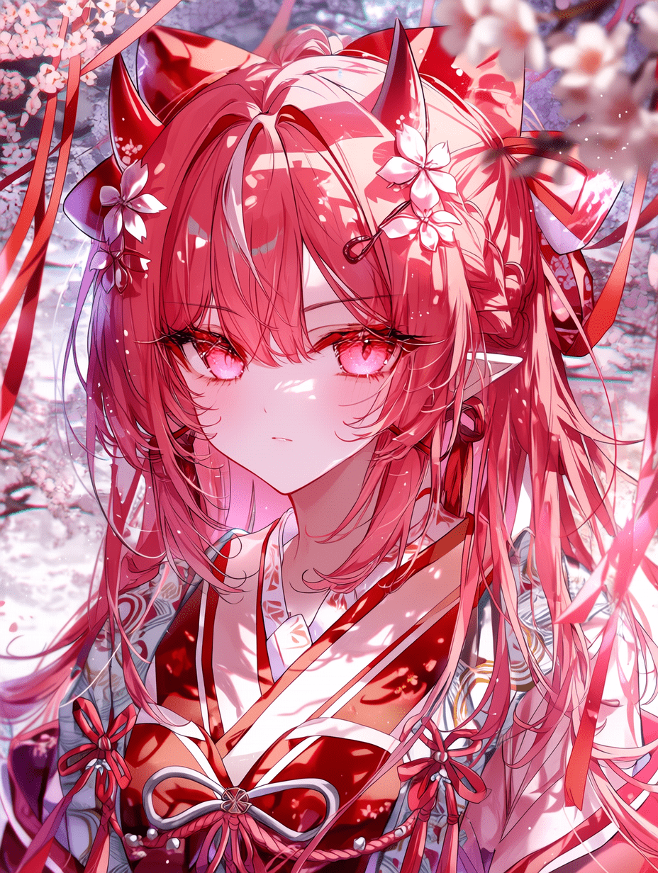 动漫风格，粉发奇幻少女，头生双角，身穿红白传统和服，布料纹理超精细，配有复杂蝴蝶结与丝带装饰，发丝细腻，焦点锐利，背景为盛开的樱花，具有氛围特效，细节清晰，8K分辨率