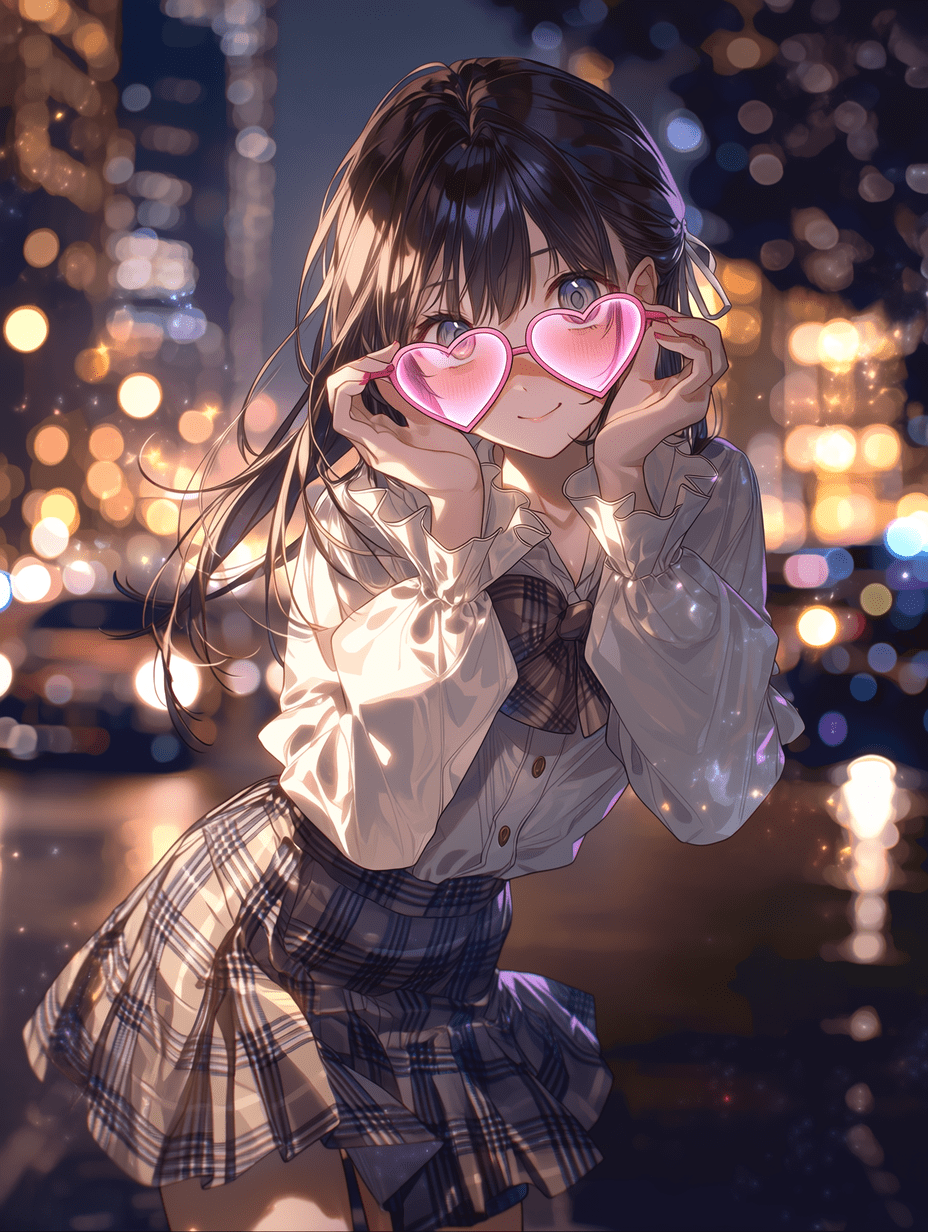 动漫风格，一位美丽的少女摆出姿势，佩戴心形眼镜，背景为电影感的都市夜景，充满梦幻氛围，发光的光斑街灯，柔和的环境光，温暖的照明，优雅风格，高度精细的构图