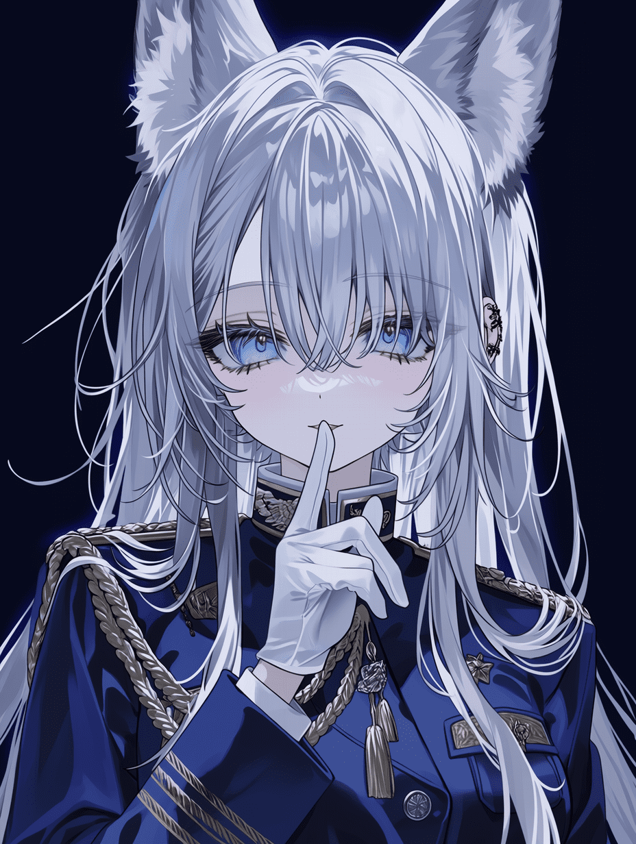 动漫风格，一位银发狐耳少女身穿深蓝色军装，做出耳语的手势，头发发丝细节超精细，军装细节繁复，焦点锐利，配饰精致，8K分辨率，细节清晰，具有氛围感效果。