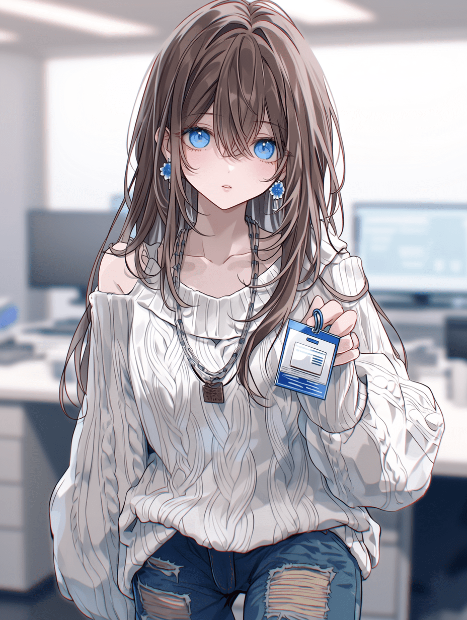 动漫风格，一位拥有棕色长发和蓝色眼睛的美丽女孩，穿着白色露肩毛衣和破洞牛仔裤，手中拿着ID工牌，超细节的发丝纹理，复杂的布料质感，牛仔裤上细微的褶皱，对焦清晰，背景带有办公家具的精细细节， crisp