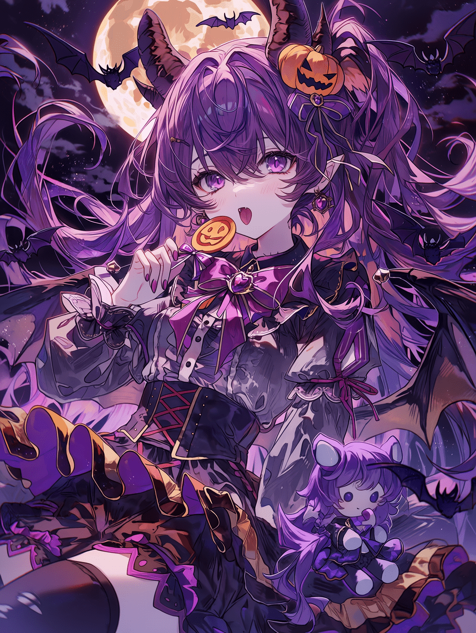 动漫风格，美丽的紫发恶魔女孩，穿着万圣节服装，手持南瓜棒棒糖，身边有一个小吸血鬼玩偶，背景是满月和飞翔的蝙蝠，色彩鲜艳，节日氛围浓厚，杰作，最佳质量，高度细节
