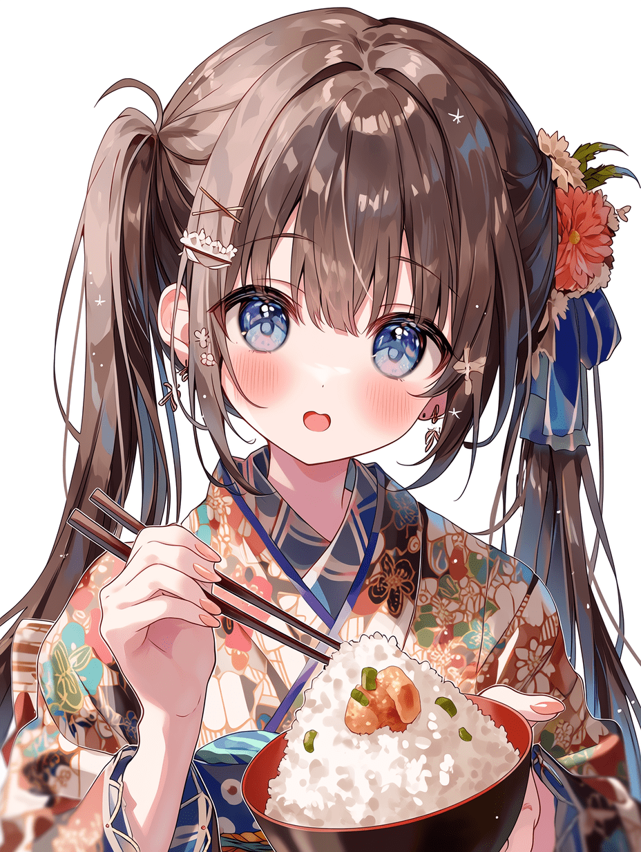 动漫风格，一位拥有棕色双马尾的可爱女孩，和服面料细节繁复，食物与米饭碗超精细，女孩富有表现力的面部清晰聚焦，纹理细腻，细节 crisp，8K 分辨率，舒适的冬日氛围