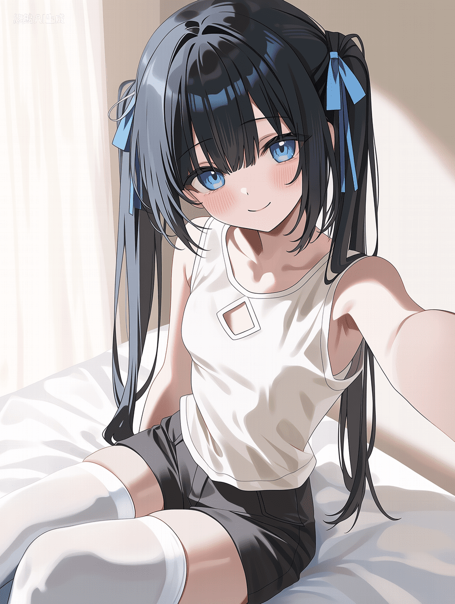动漫风格，黑白色调的双马尾女孩，蓝色眼睛，蓝色发带，白色无袖钻石镂空上衣，黑色短裤，白色过膝袜，坐在床上自拍，脸颊微红，温柔微笑，暖色调，高品质，细节丰富。