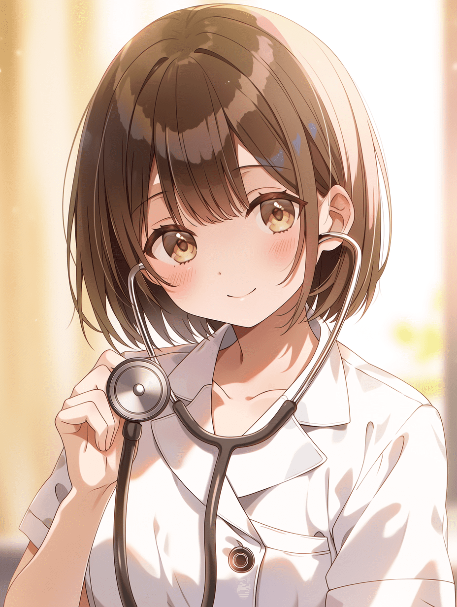 动漫风格，一位棕发少女护士身穿白色制服，手持听诊器，柔和漫射光线，温暖的肤色，明亮的氛围，电影级质感，色彩增强