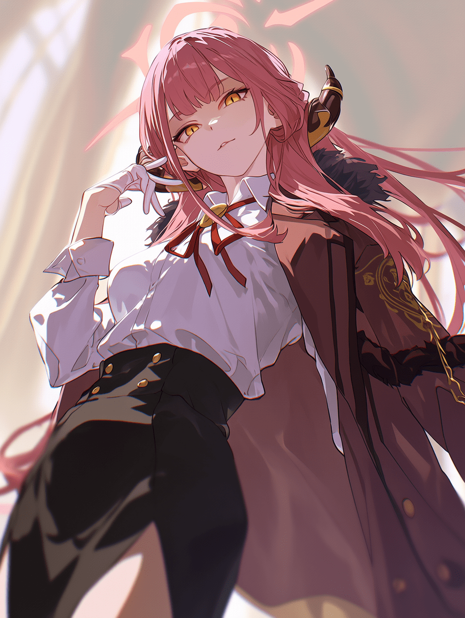 动漫风格，来自《Blue Archive》的Aru，粉发黑角少女，动态四分之三视角，三分法构图，浅景深，手轻触脸颊的优雅姿态，构图均衡，专业取景