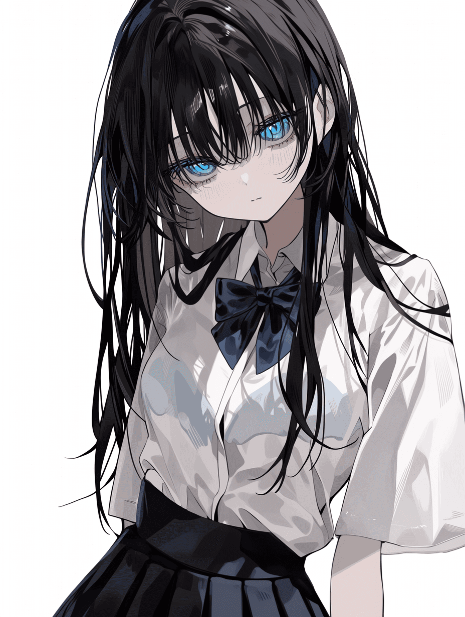 动漫风格，描绘一位长发黑发的少女，白色衬衫与深色裙子的布料纹理细节精致，双眸为超精细发光蓝色，皮肤与发丝有细腻的明暗过渡，8K分辨率，清晰锐利的细节。