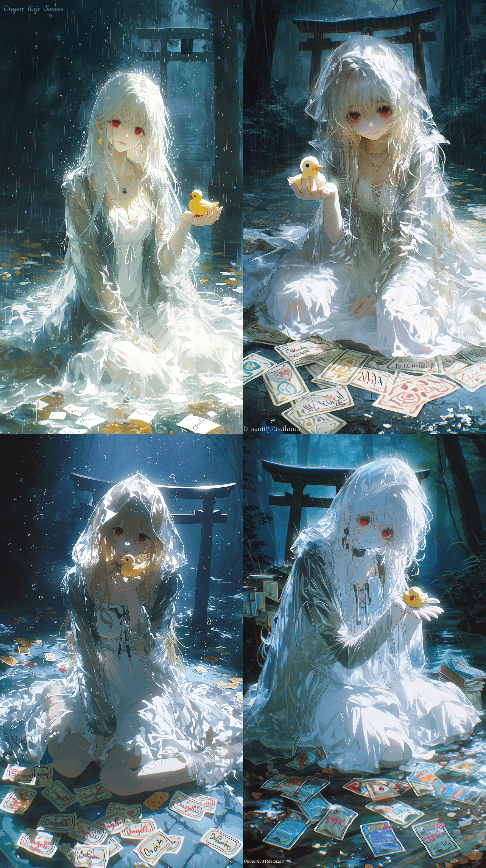 杰作，最佳质量，动漫风格，单人女孩，来自《龙族》的绘梨衣（Yui），坐在破旧的神社地板上，身穿白色连衣裙和透明雨衣，掌心托着一只小黄鸭，长而凌乱的白色刘海，深绯红色眼睛，空洞却纯真的眼神，带着柔和忧伤