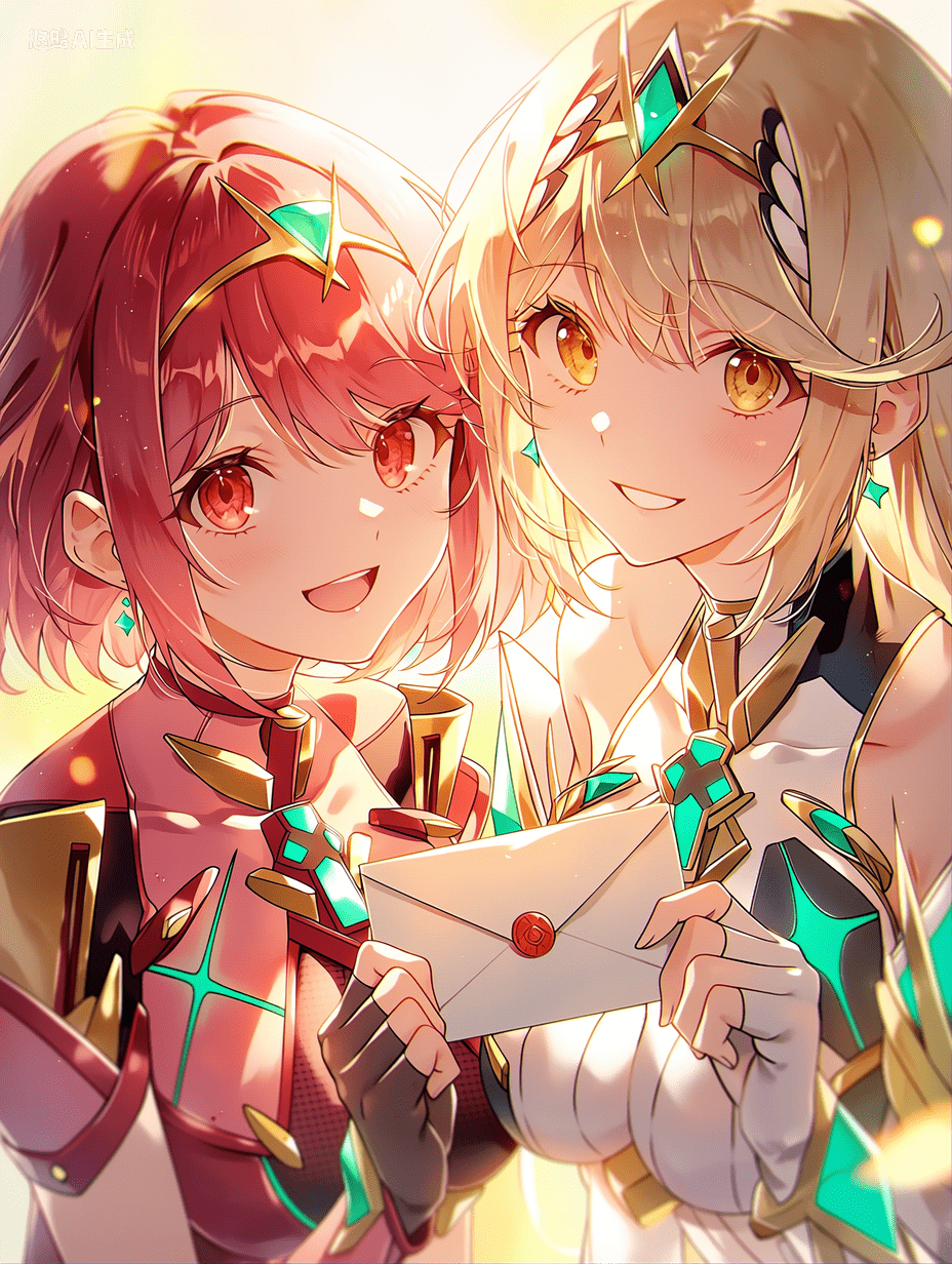 动漫风格，来自《异度神剑2》的焰（Pyra）与光（Mythra），两位女性角色共同手持一封封缄的信件，柔和漫射光线，肌肤泛着温暖光泽，色彩鲜明饱和，边缘带有柔和轮廓光，整体氛围欢快明亮，高光处呈现璀璨