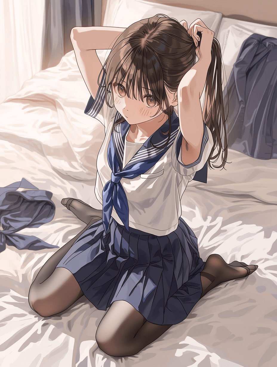 动漫风格，一位身穿水手服、系着蓝色领结的年轻女生，棕色长发扎成马尾，双手在脑后整理头发，跪坐在床上，穿着黑色丝袜，发丝细节极为细腻，布料褶皱精致，皮肤纹理清晰，焦点锐利，背景为细节丰富的卧室，8K分辨