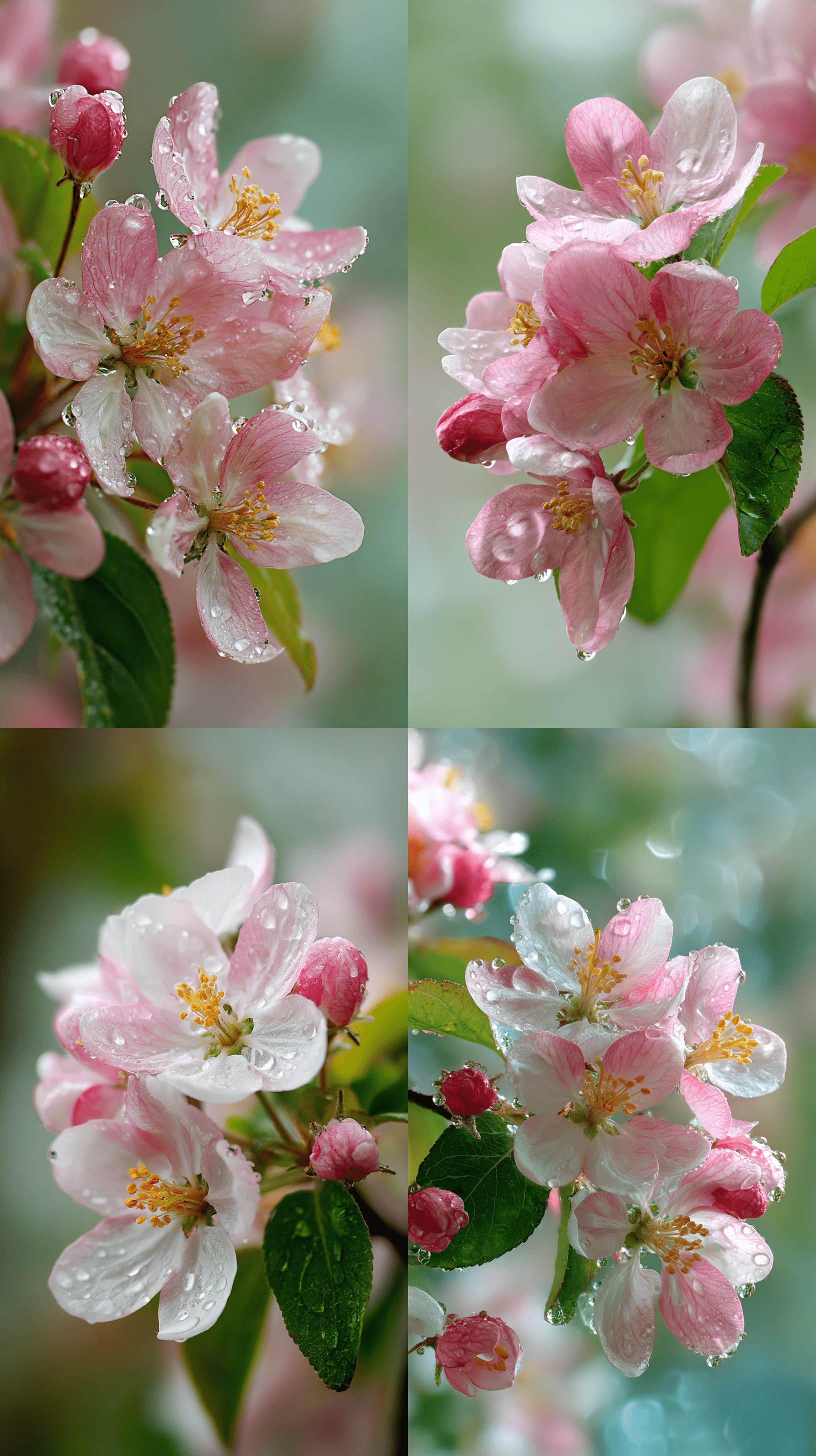 一场春雨过后，一簇娇嫩的海棠花悄然绽放，淡粉色的花瓣层层叠叠，由深至浅渐变，呈现出丝绸般的质感。花瓣边缘微微卷曲，中央金黄色的花蕊在柔和的自然光下泛着温润光泽。每一片花瓣与未绽的花苞上都缀满晶莹剔透的
