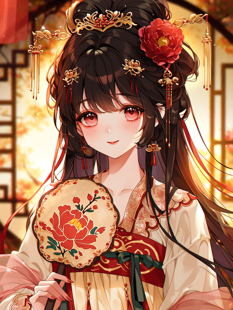 动漫风格，身穿传统中式汉服的年轻女子，乌黑长发配以精致金簪与红色牡丹花，手持樱花图案的装饰团扇，粉色眼眸，温柔微笑，沐浴在温暖的黄金时刻光线中，服饰细节丰富，红白相间的层叠衣裙，杰作，最佳质量，高度细