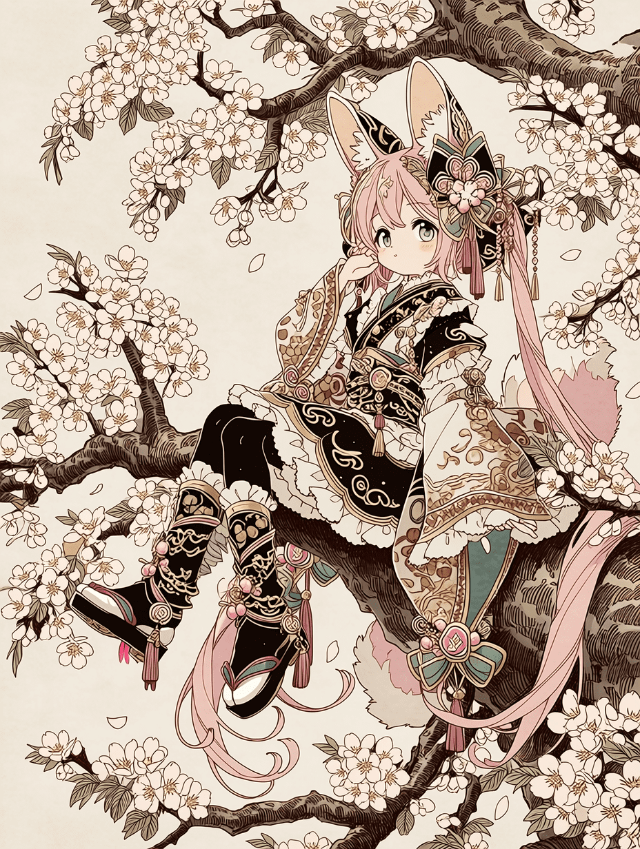 动漫风格，一位粉发狐耳少女身着传统日式和服，静坐在樱花树枝上，布料纹理超精细，发丝 intricate，线条艺术精细，焦点清晰，樱花花瓣细节丰富，8K 分辨率