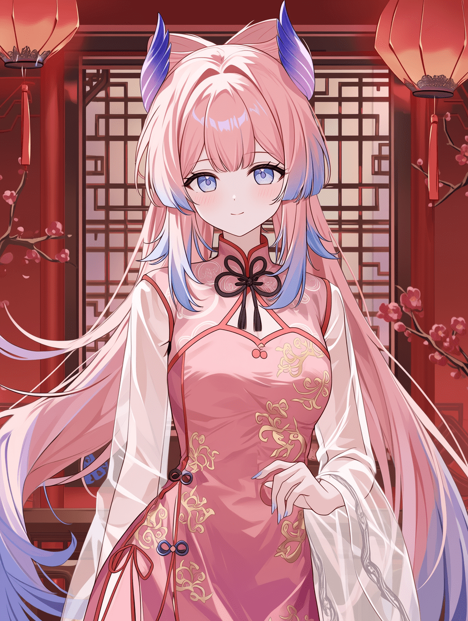 珊瑚宫心海，《原神》，中国风风格，身着粉色高开衩旗袍，饰以金色花卉刺绣与红色镶边，白色透明灯笼袖，颈系黑色蝴蝶结，长发粉红带蓝色渐变高光，蓝色眼眸，蓝紫色角状头饰，中式室内背景，红墙、悬挂纸灯笼、木格