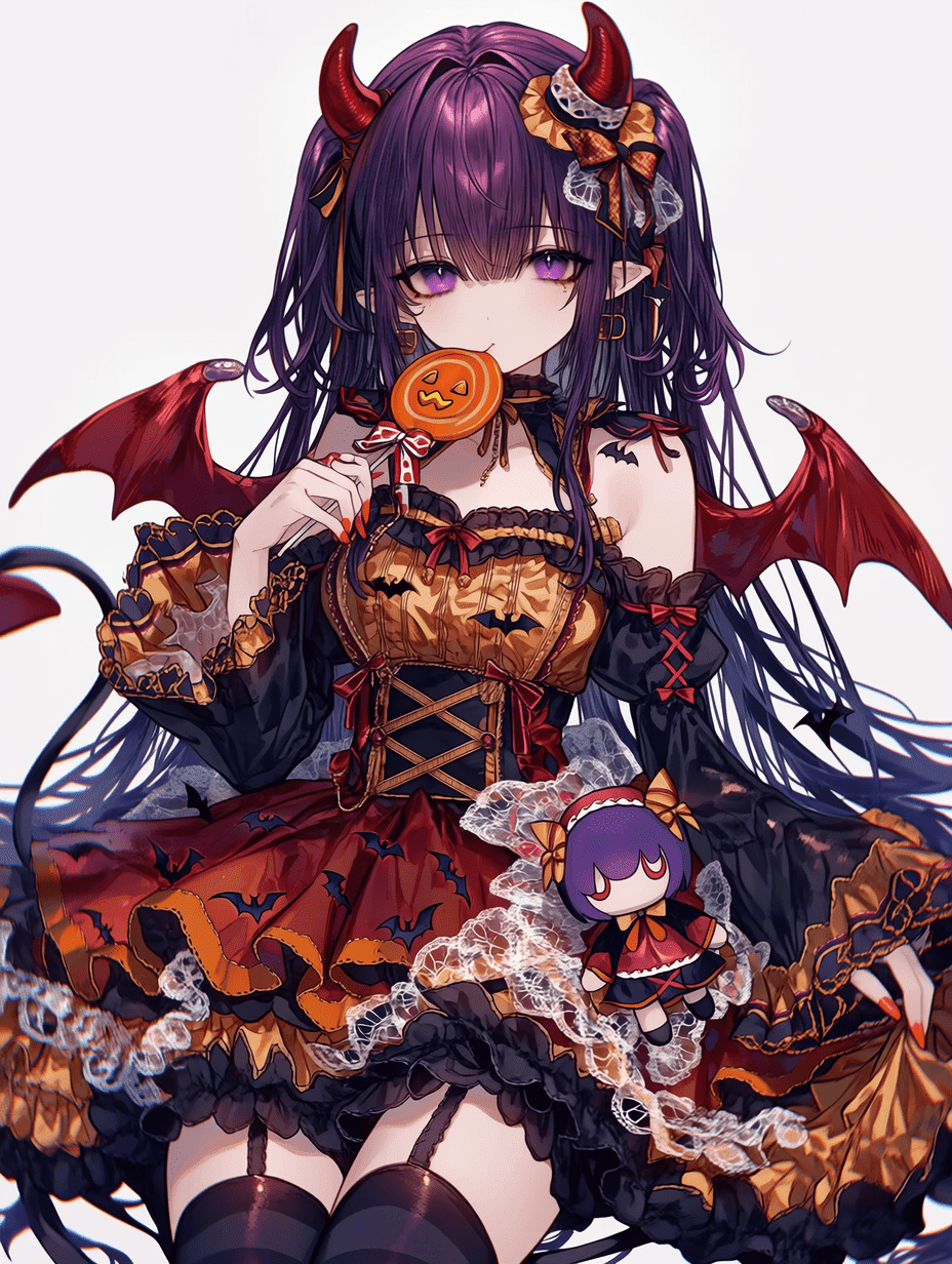 动漫风格，紫发女孩身着万圣节女恶魔礼服，头生红角，背展蝙蝠双翼，手持南瓜棒棒糖，裙装布满精细蕾丝褶边与复杂蝙蝠纹样，发丝清晰可见，裙摆附着精致毛绒玩偶，8K超高清画质