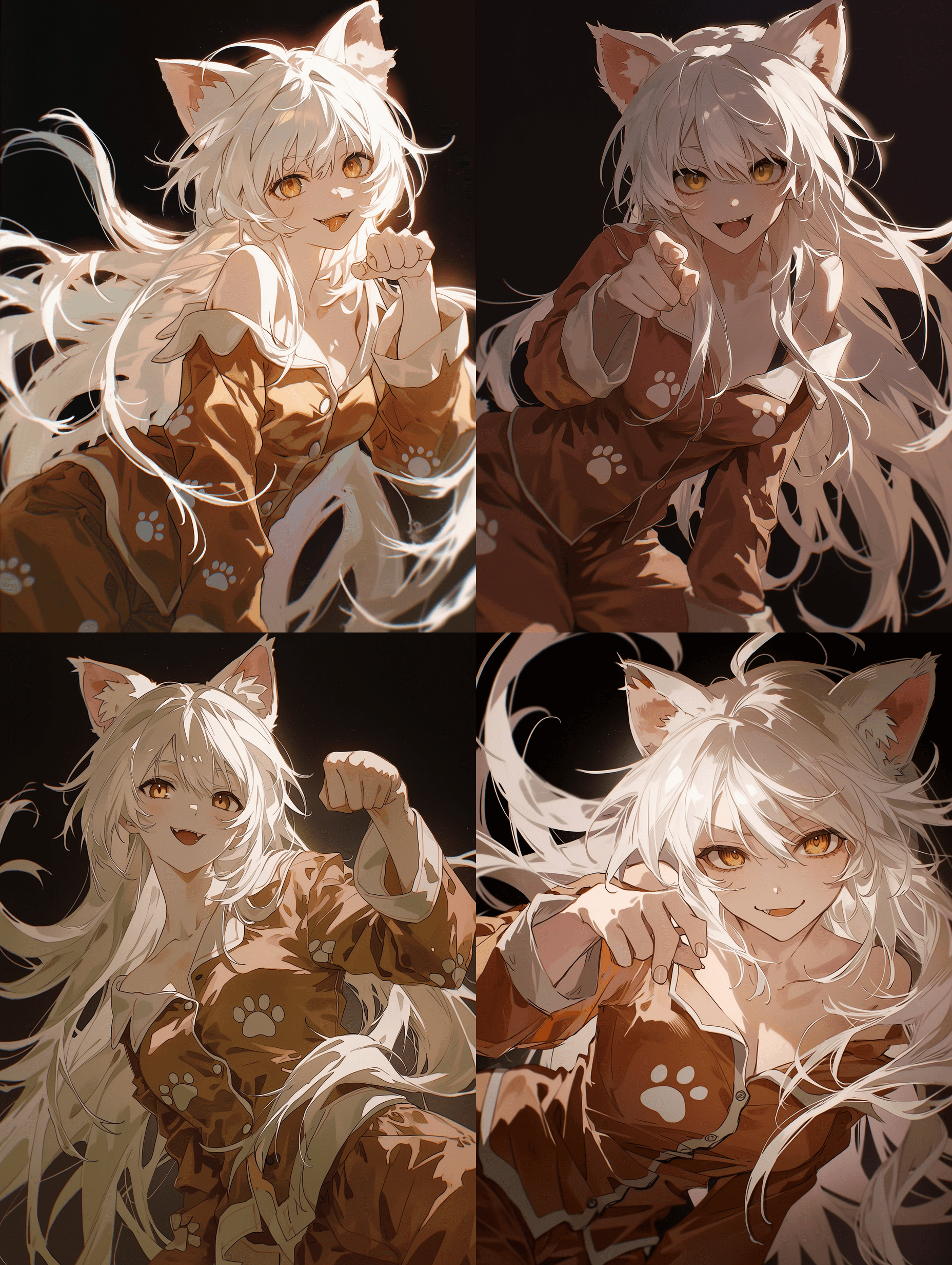 动漫风格插画，来自《物语系列》的黑羽川，白发猫耳猫娘，琥珀金色的眼睛，俏皮的笑容，身穿印有猫爪图案的棕色睡衣，露肩装束，动态姿势，单手抬起，飘逸的长发，深色背景，柔和光照，杰作，最佳质量，高度细节