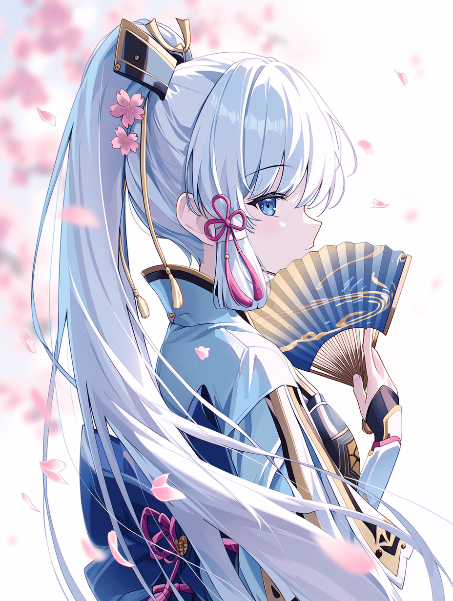 动漫风格，原神角色神里绫华，白发高马尾少女，蓝色眼睛，身着蓝金镶边的传统日式服装，手持折扇，周围飘落樱花花瓣，柔光照明，侧面视角，杰作，最佳质量，高度细节