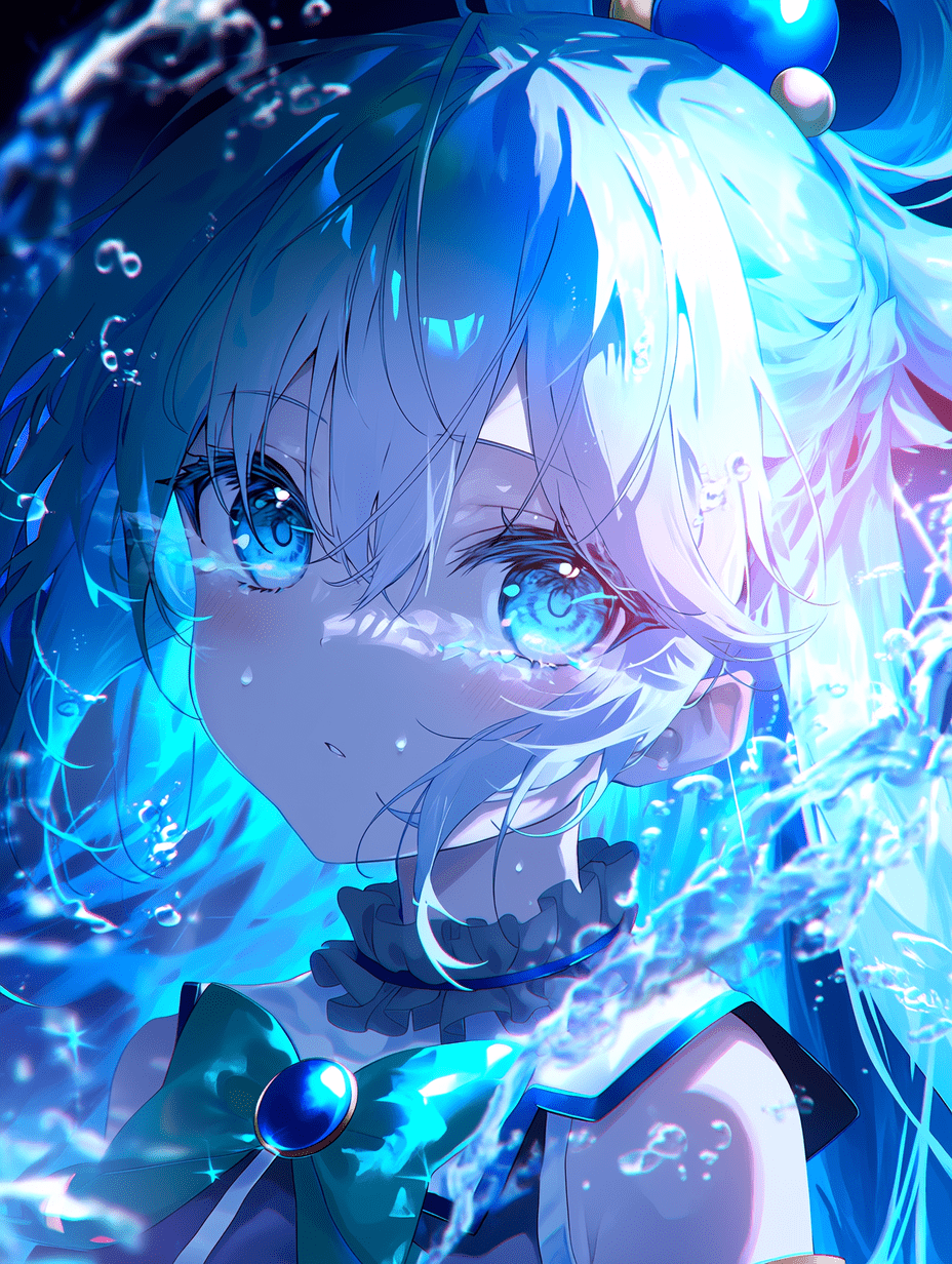 动漫风格，来自《为美好的世界献上祝福！》的 Aqua，电影级光影，柔和光晕，空灵氛围，魔法水效，鲜艳的蓝色调，戏剧性轮廓光，高对比度，精致数字绘画