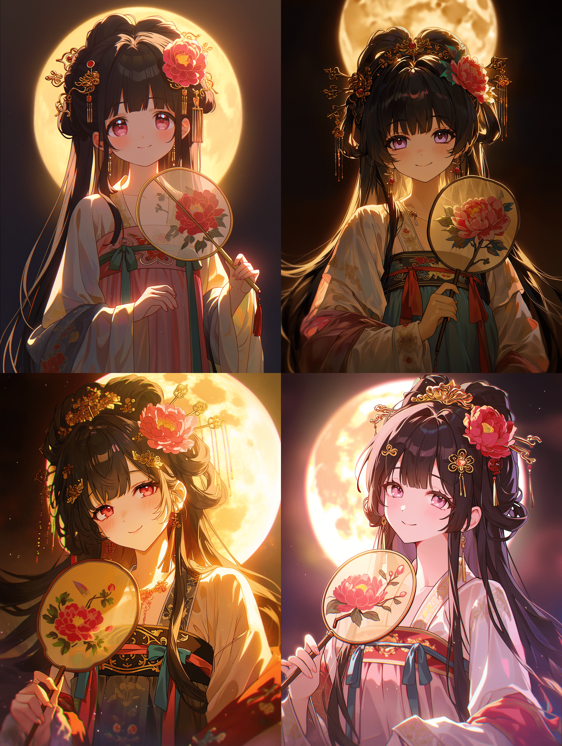动漫风格，身着传统中式汉服的年轻女子，乌黑长发配以精致金簪与红色牡丹花，手持梅花团扇，粉色眼眸，温柔微笑，戏剧性的月光照射，金色轮廓光，柔和辉光，梦幻氛围，增强的暖色调，体积光效果