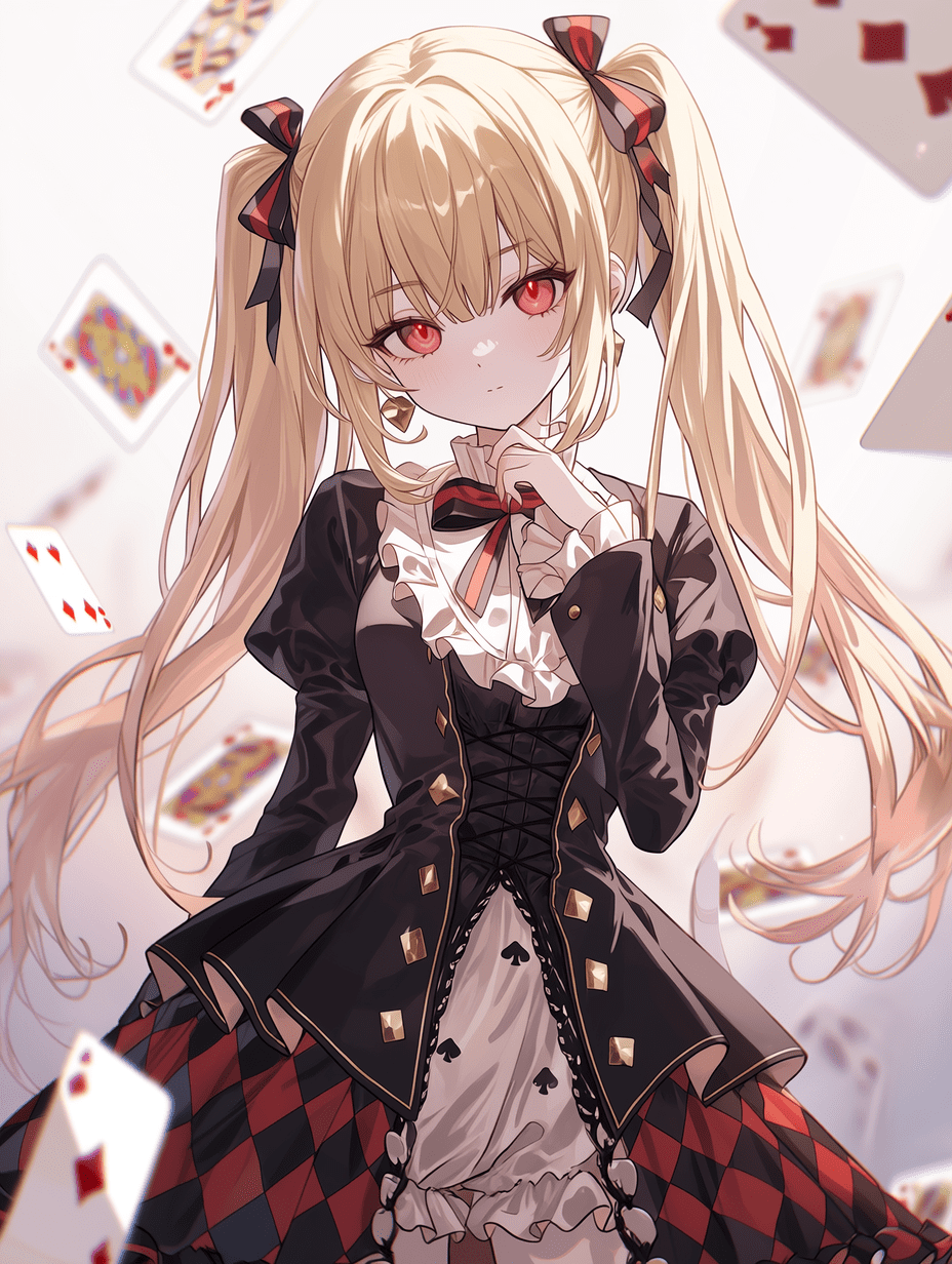 动漫风格，金发双马尾少女，红瞳，身着黑红扑克牌主题礼服，动态构图中漂浮着卡牌，采用三分法构图，浅景深，优雅姿态，专业取景